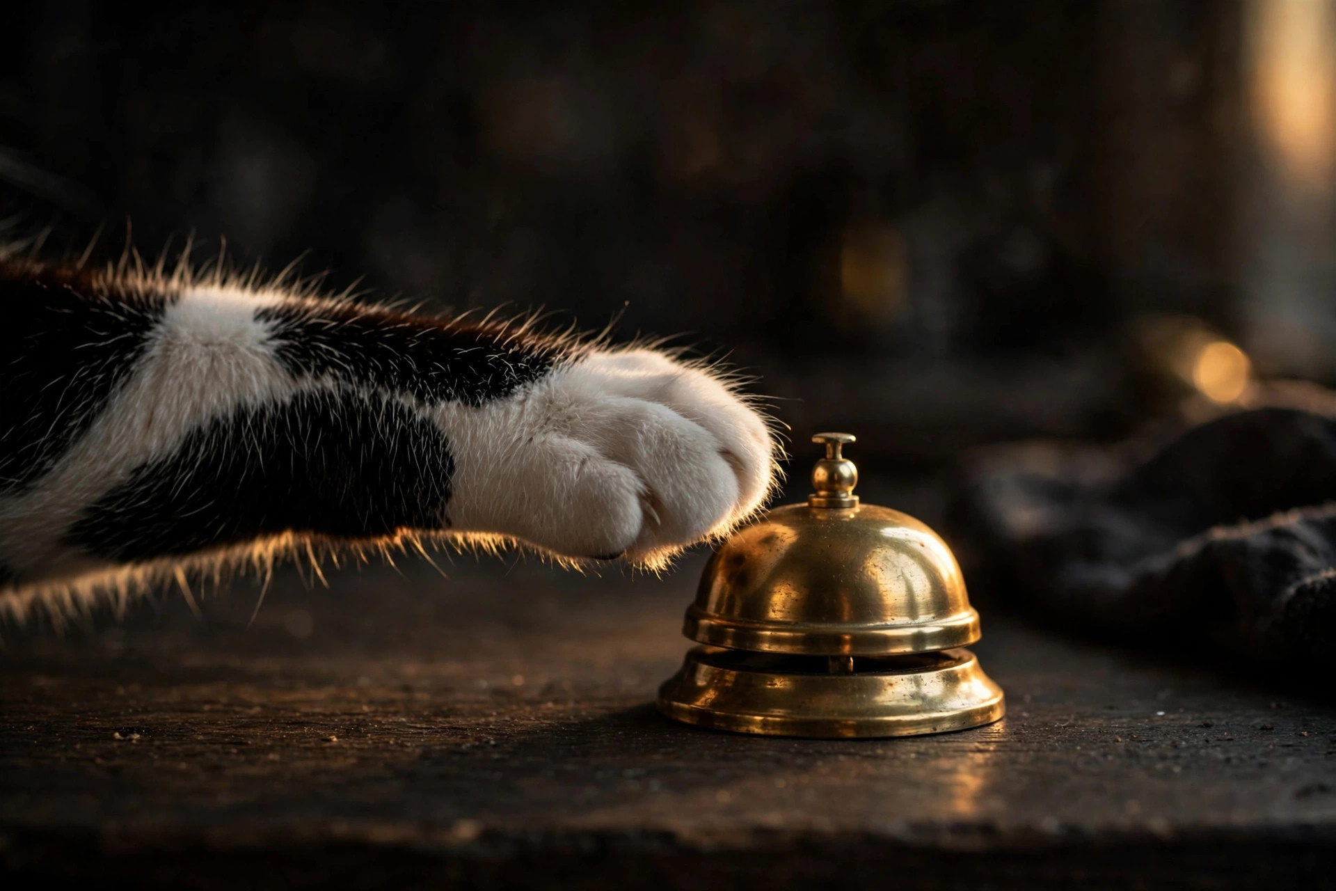 A tuxedo cat's paw about to ring a small brass service bell
