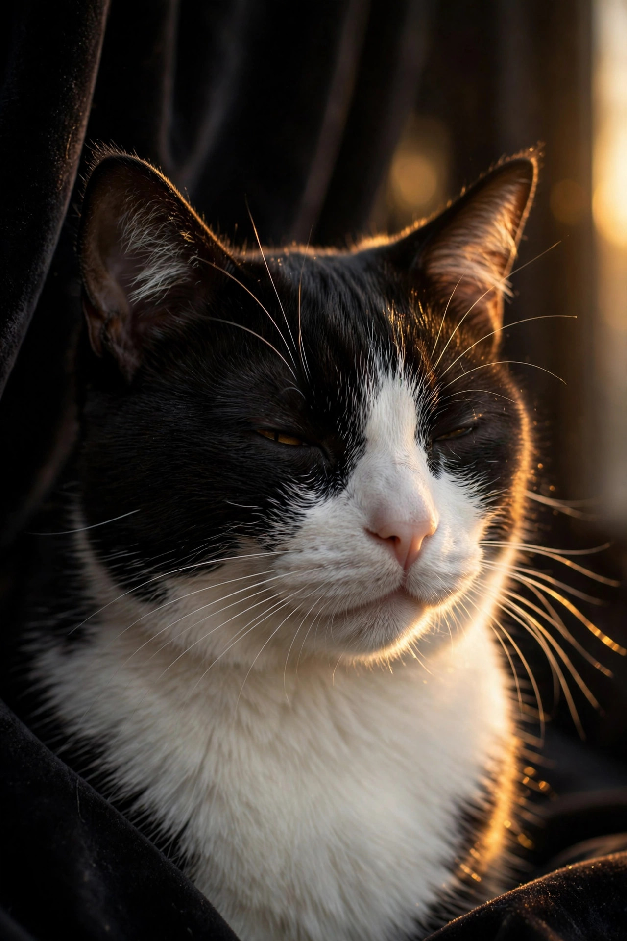 Biscuit the tuxedo cat giving a slow blink in warm golden light