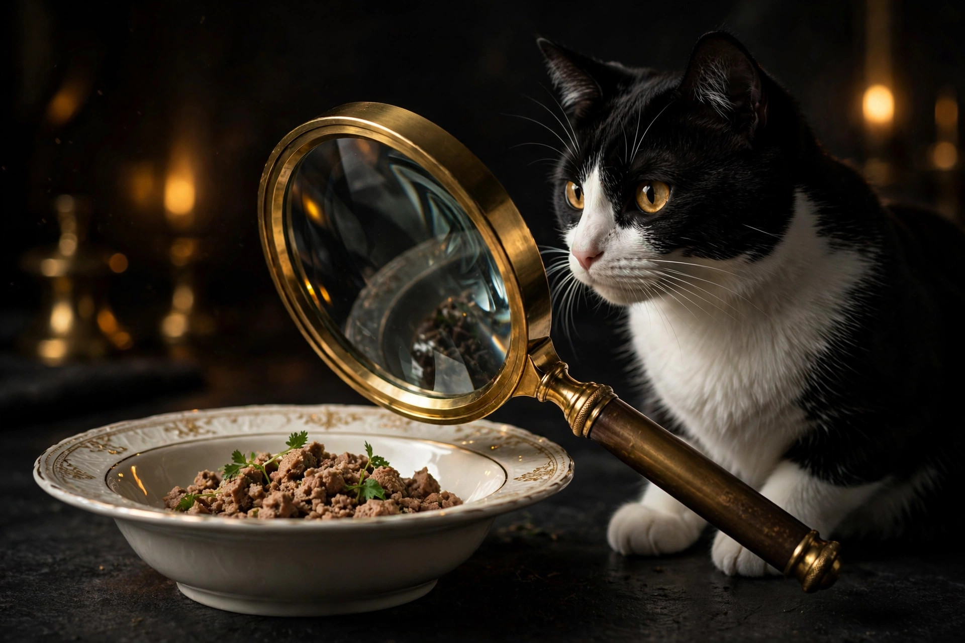 Biscuit the tuxedo cat inspecting his food bowl through a brass magnifying glass