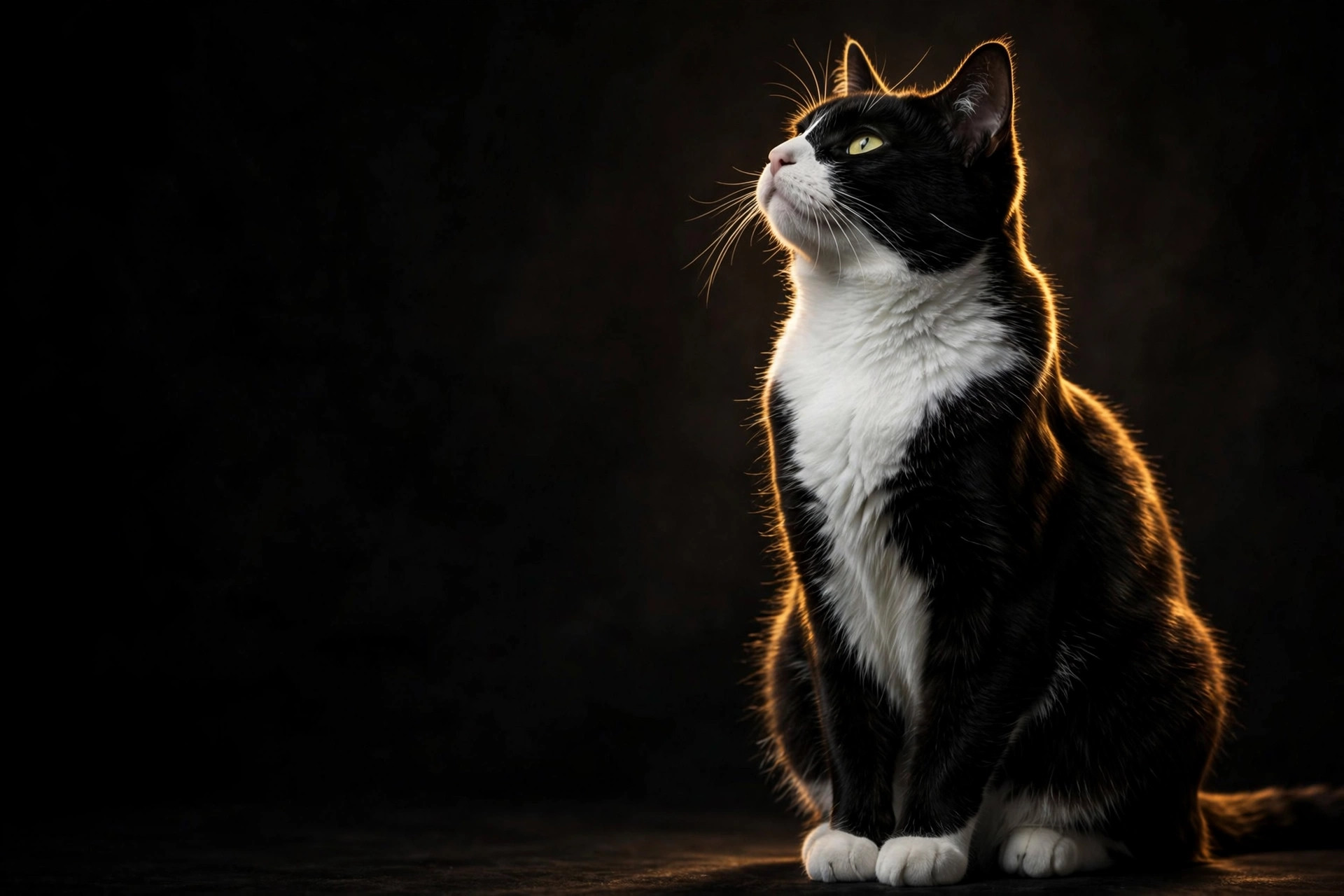 Biscuit the tuxedo cat sitting like royalty in dramatic golden light