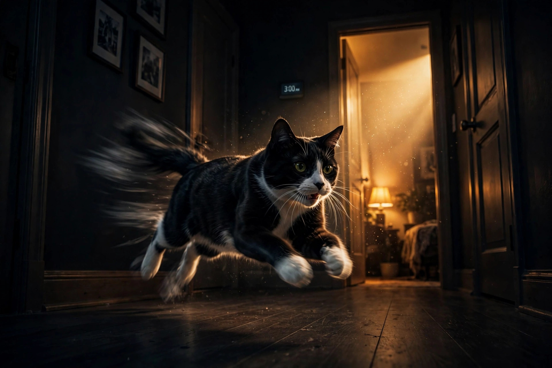 Biscuit the tuxedo cat sprinting down a dark hallway at 3 a.m. in a golden shaft of lamplight
